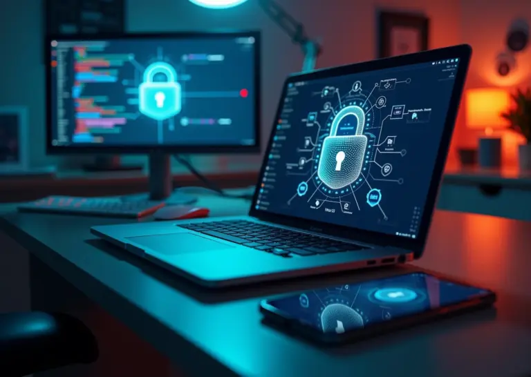 Цифровой замок, ноутбук и смартфон, иллюстрирующие двухфакторную аутентификацию и интернет-безопасность