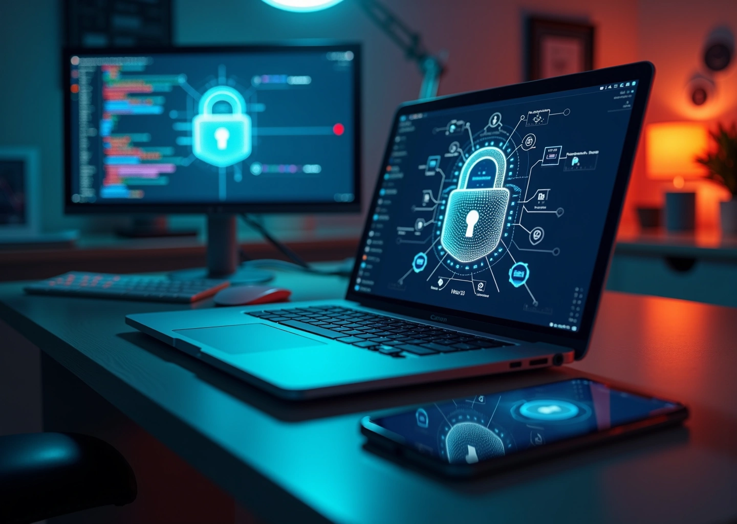 Цифровой замок, ноутбук и смартфон, иллюстрирующие двухфакторную аутентификацию и интернет-безопасность
