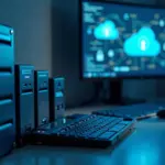Рабочее место с устройствами для резервного копирования данных и облачной защитой, иллюстрирующее правило 3-2-1
