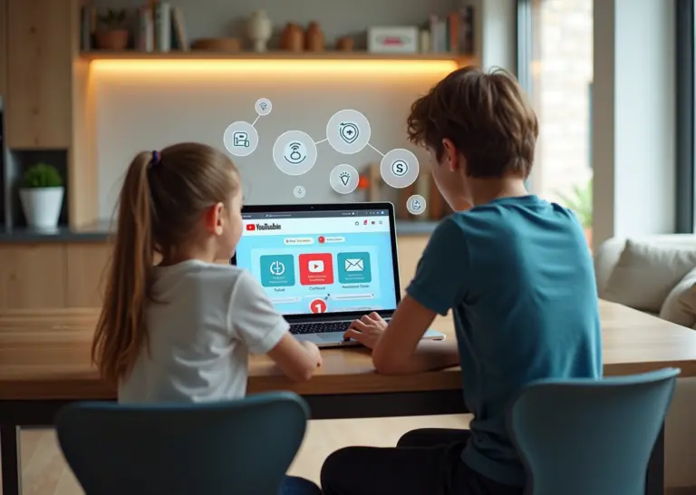 Родитель и ребенок используют безопасный режим YouTube Kids с настройками родительского контроля
