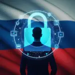 цифровой замок на фоне флага России с иконками защиты персональных данных