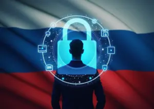 цифровой замок на фоне флага России с иконками защиты персональных данных