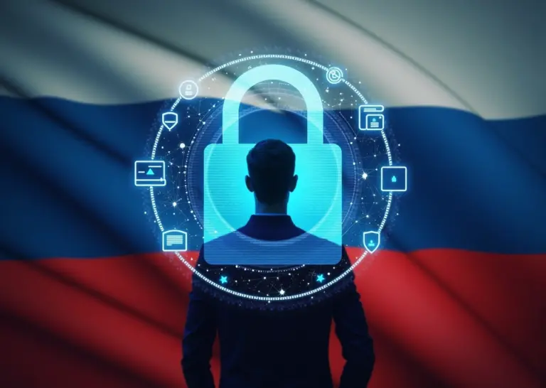 цифровой замок на фоне флага России с иконками защиты персональных данных