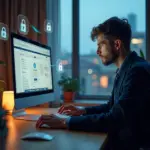 Пользователь за компьютером с интерфейсом ВКонтакте на экране и символами защиты данных