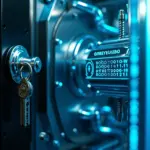 Криостат квантового компьютера на фоне цифрового замка и потоков данных