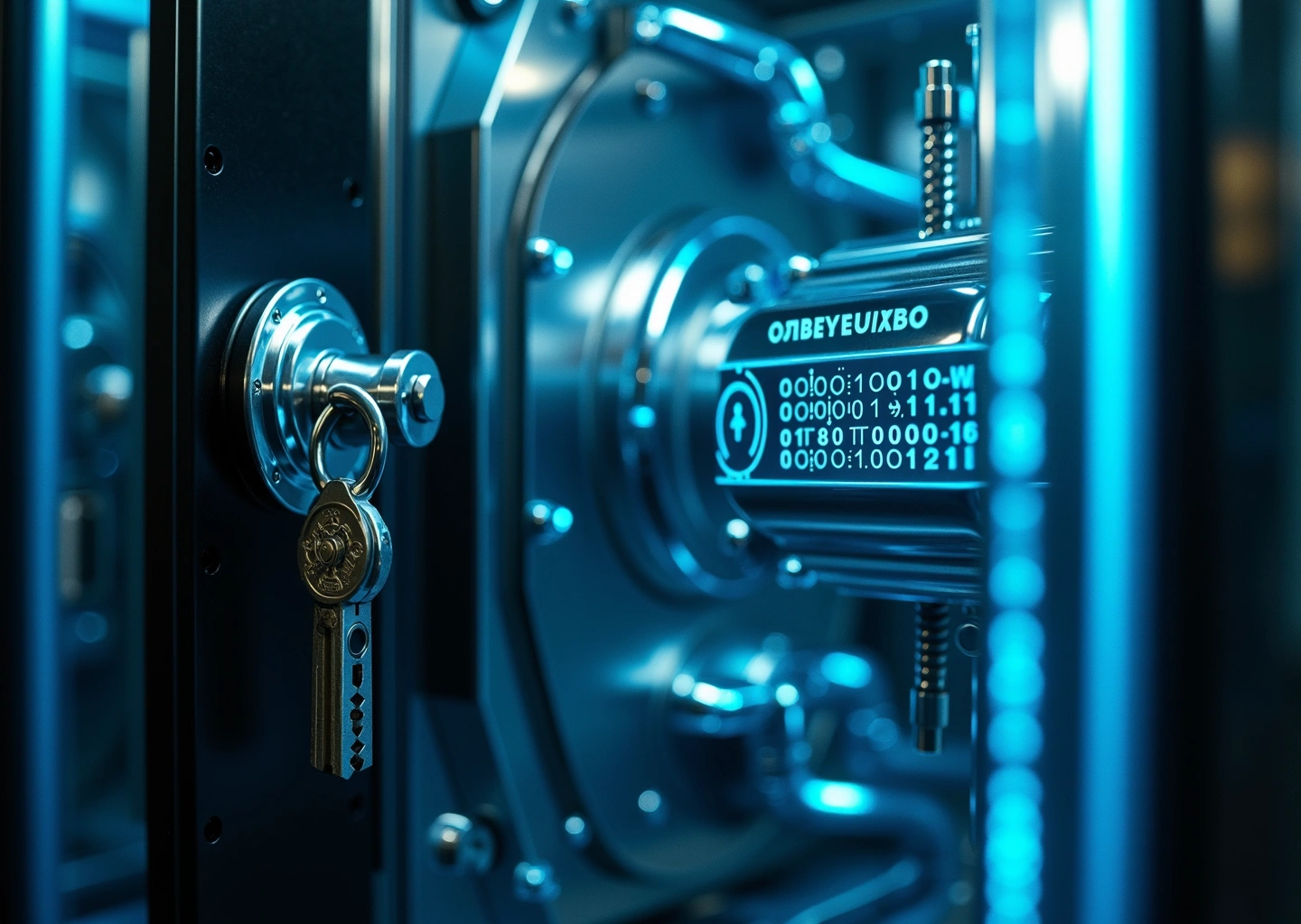 Криостат квантового компьютера на фоне цифрового замка и потоков данных