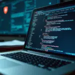 Рабочий стол с ноутбуком, показывающим поисковую выдачу с затемнёнными личными данными, паспорта и юридические документы рядом