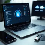 Рабочий стол с ноутбуком, смартфоном, аппаратным ключом и распечатанным ключом восстановления — визуализация шифрования диска и облачного хранения