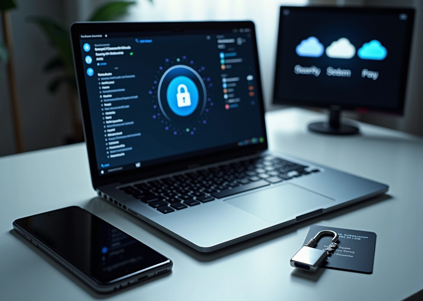 Рабочий стол с ноутбуком, смартфоном, аппаратным ключом и распечатанным ключом восстановления — визуализация шифрования диска и облачного хранения