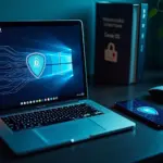 Рабочее место с ноутбуком планшетом и смартфоном на экране которых значки щита и замка символизируют антивирусную защиту в цифровом пространстве