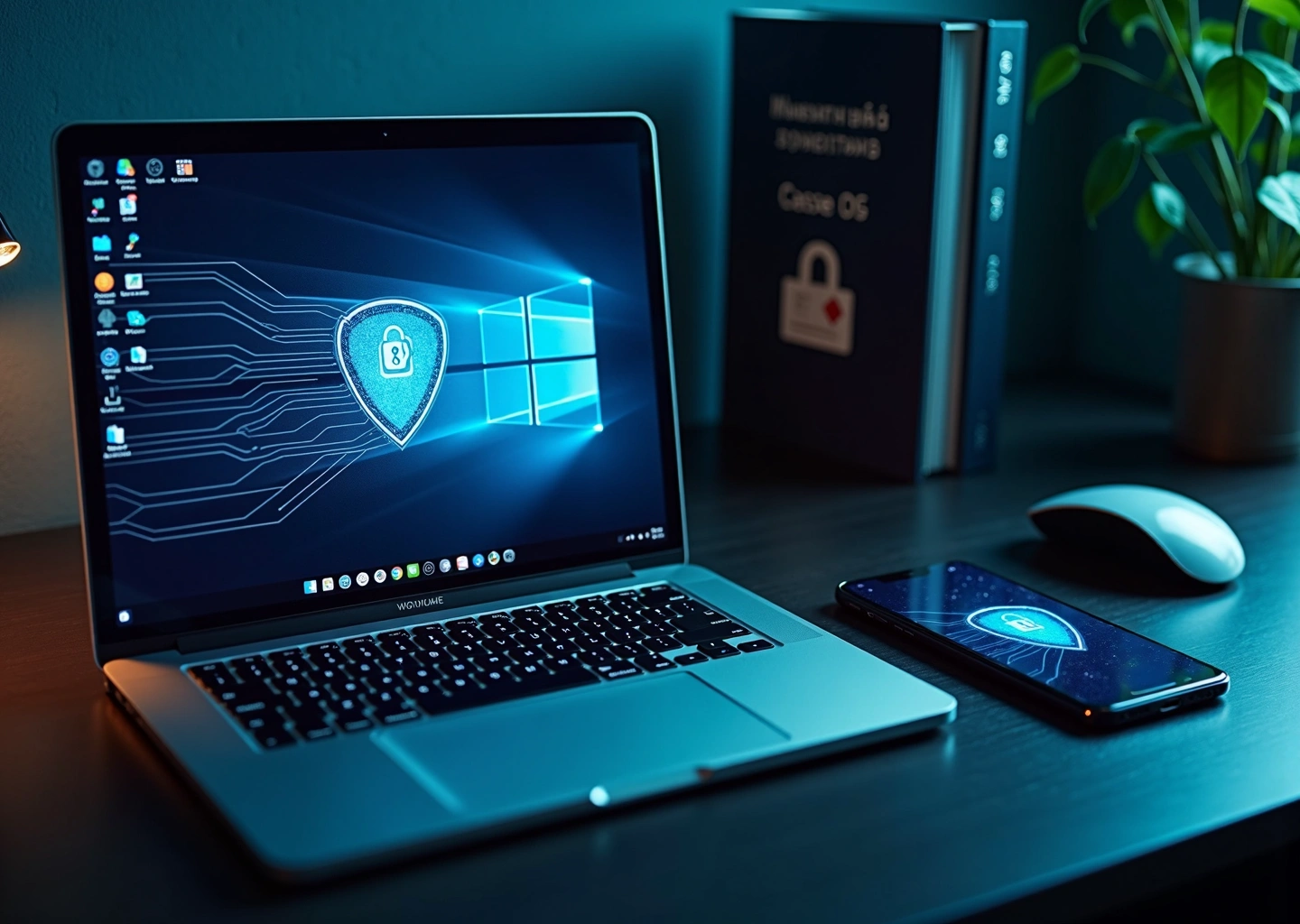 Рабочее место с ноутбуком планшетом и смартфоном на экране которых значки щита и замка символизируют антивирусную защиту в цифровом пространстве