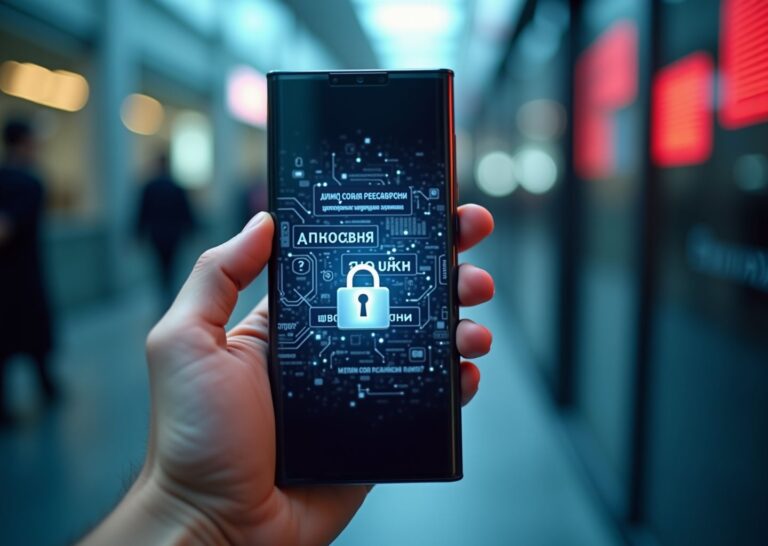 Фотография смартфона с диалогами разрешений на русском языке и иконкой замка, символизирующая защиту данных и риск утечки