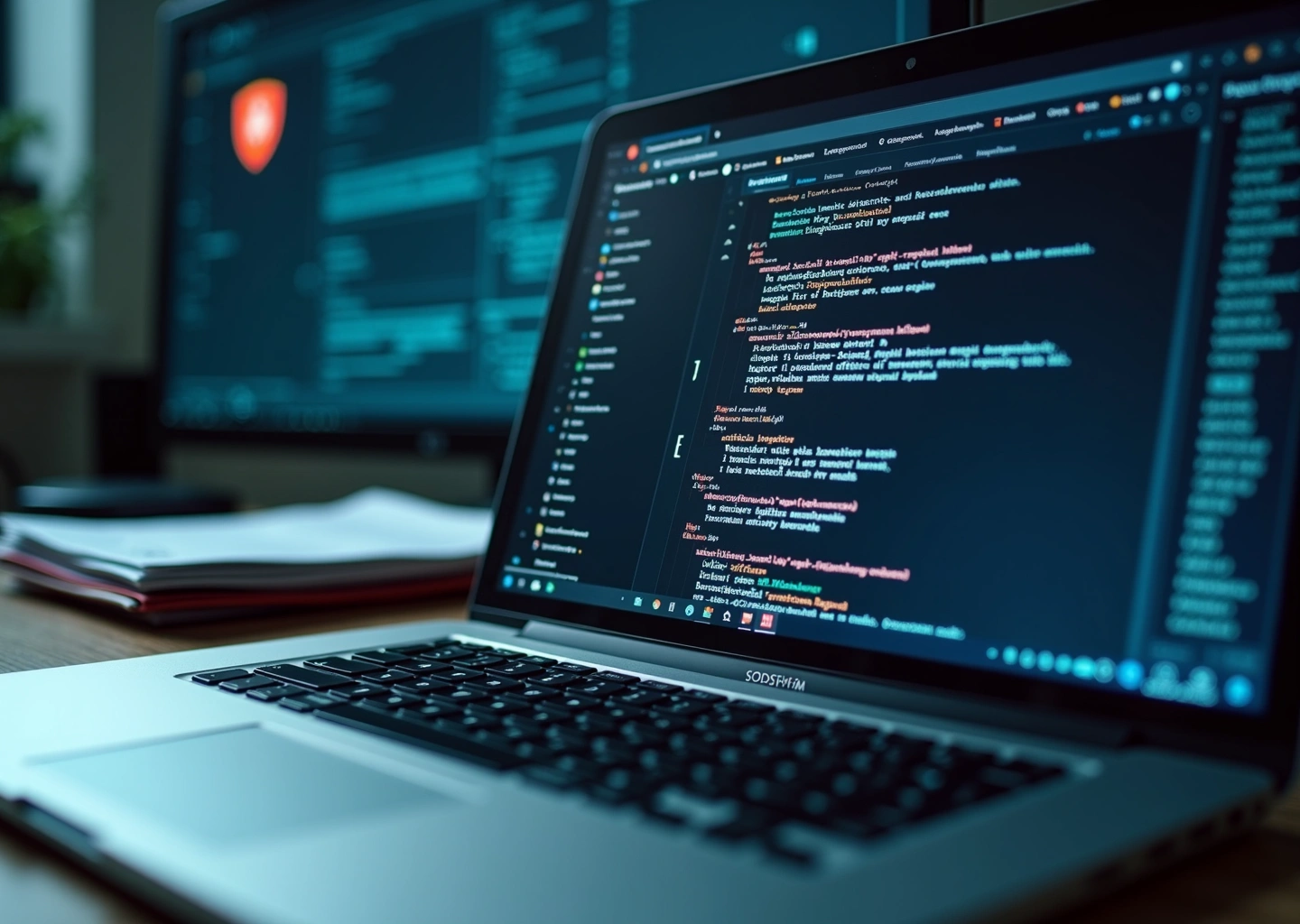 Рабочий стол с ноутбуком, показывающим поисковую выдачу с затемнёнными личными данными, паспорта и юридические документы рядом